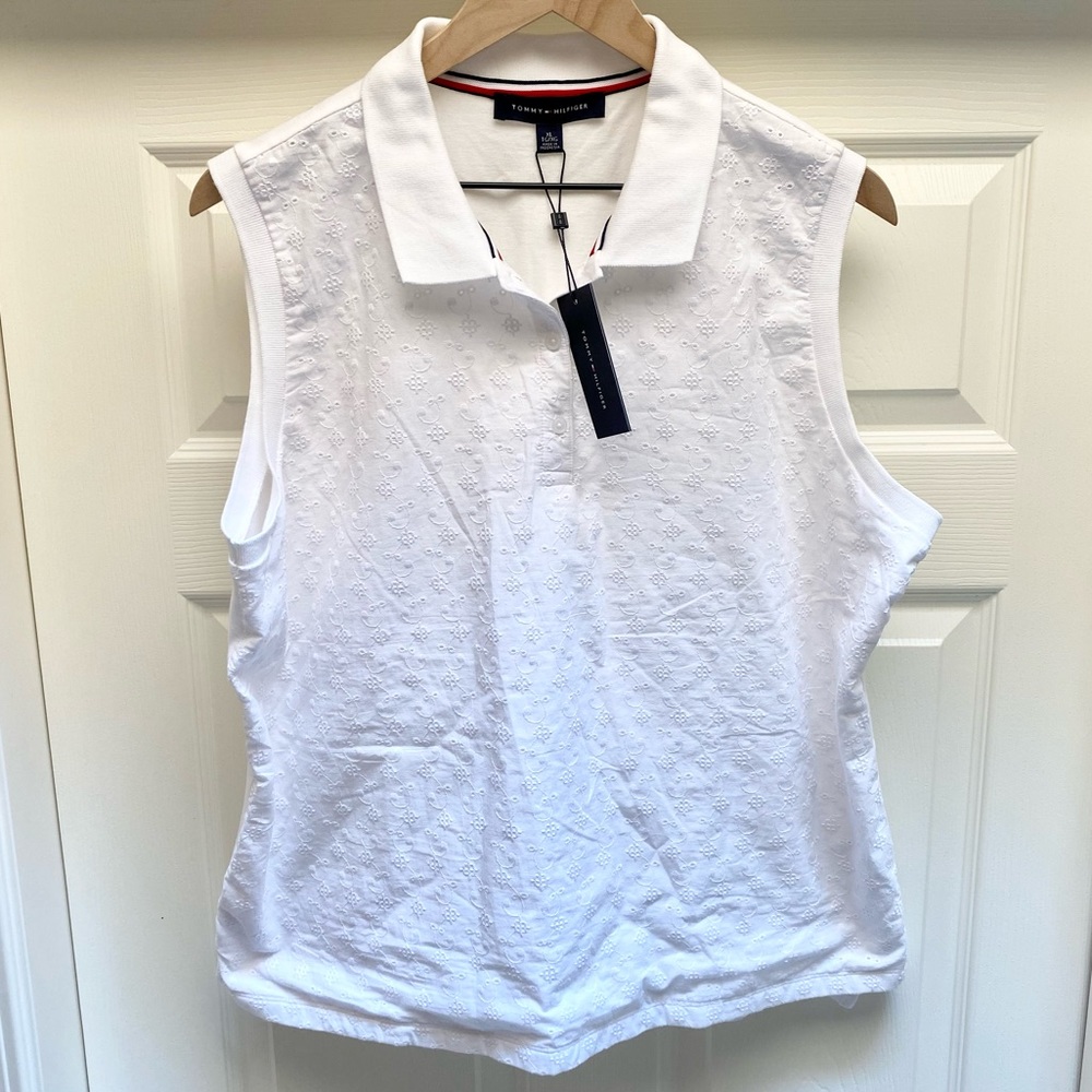 Tommy Hilfiger Polo shirt womens XL collar sleeveless floral embroidered golf